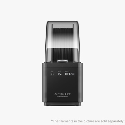 Dispositivo preto AMS HT Bambu Lab com visor digital e filamento preto