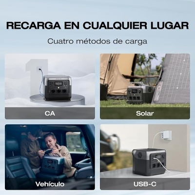 Quatro métodos de carga para estação portátil: CA, Solar, Veículo, USB-C.