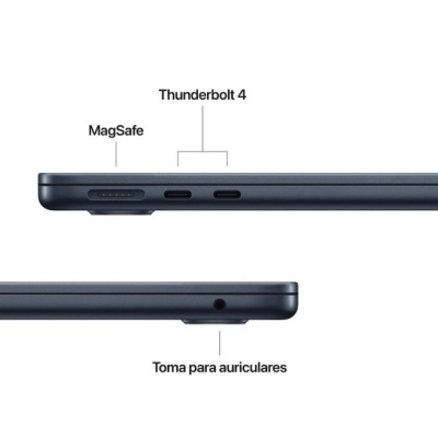 Portátil azul escuro mostrado de perfil com portas MagSafe, Thunderbolt 4 e tomada para auriculares.