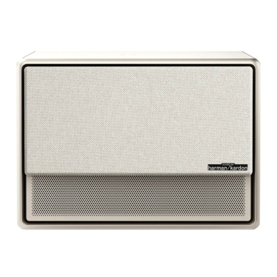 Coluna de som harman/kardon branca com grelha cinzenta e parte perfurada