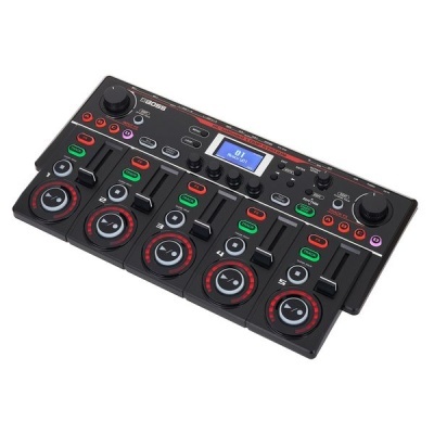 Mesa de mixagem DJBOSS Professional DJ MIXER preta com botões e ecrã azul