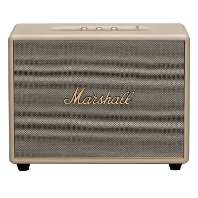 Coluna de som Marshall em tons bege e cinza com logótipo dourado