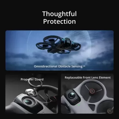 Drone cinzento com proteção e sensores, texto Thoughtful Protection e outras descrições em inglês