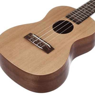Ukulele de madeira com cordas brancas e fundo branco