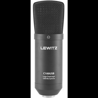 Microfone USB preto com corpo metálico e malha preta superior