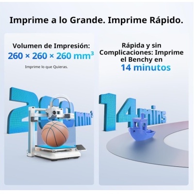 Impressora 3D branca com uma bola de basquetebol impressa e um barco azul em processo de impressão, texto em espanhol sobre volume e tempo de impressão