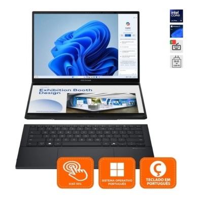 Laptop ASUS Zenbook preto com dois ecrãs e teclado português