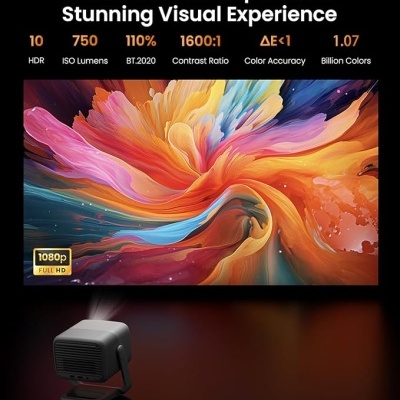 Imagem de projetor preto com projeção colorida e especificações técnicas em texto