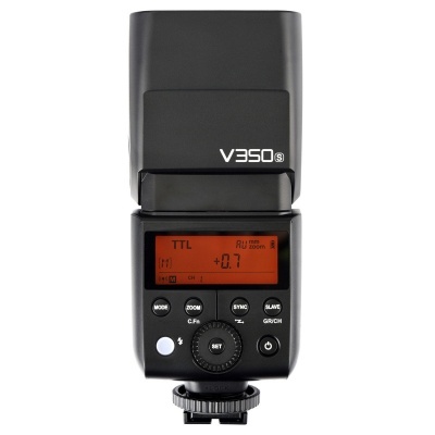 Flash de câmera preto modelo V350S com visor LCD laranja e botões de controle