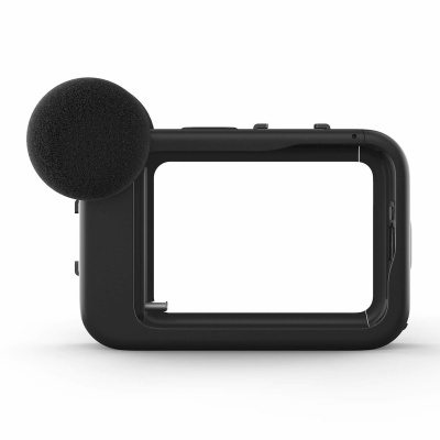 Microfone preto com proteção de espuma e quadro retangular preto