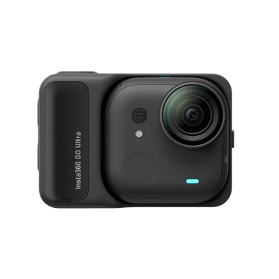 Câmara de ação preta Insta360 GO Ultra com lente grande angular e botão azul
