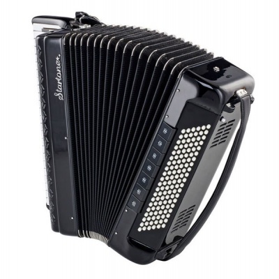 Acordeão preto com teclas brancas e alça preta