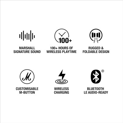 Ícones e texto descrevendo características de um produto Marshall em preto sobre fundo branco