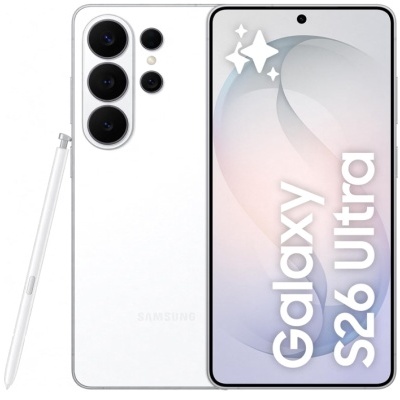 Smartphone Samsung Galaxy S26 Ultra branco com caneta e ecrã frontal com texto