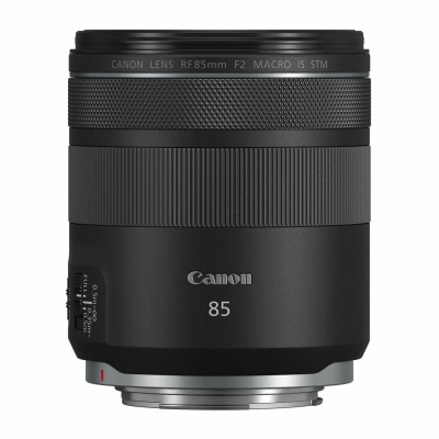 Objetiva Canon RF85mm F2 Macro IS STM preta com detalhes em relevo