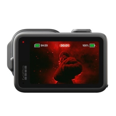 Câmara de ação GoPro preta com imagem vermelha no ecrã frontal