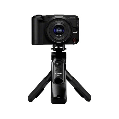 Máquina fotográfica Canon preta num tripé compacto dobrável