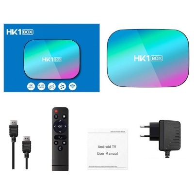 Caixa de TV Android HK1 BOX azul com gradiente, comando preto, cabo HDMI, manual e carregador.