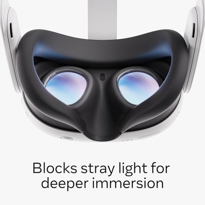 Óculos de realidade virtual brancos com almofadas pretas e lentes azuis refletivas