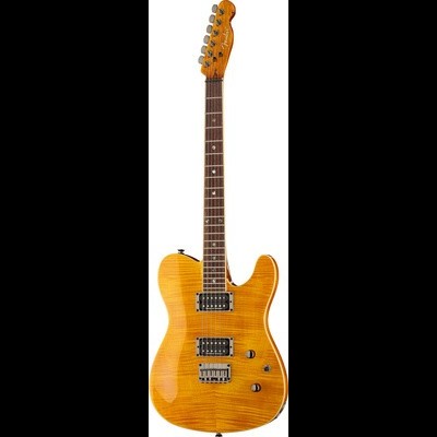 Guitarra elétrica em madeira clara com detalhes cromados e pretos