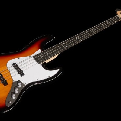 Baixo elétrico sunburst com braço de madeira clara e escala escura