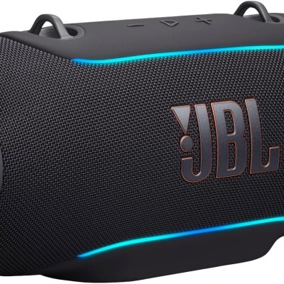 Coluna portátil preta JBL com luzes LED e botões no topo