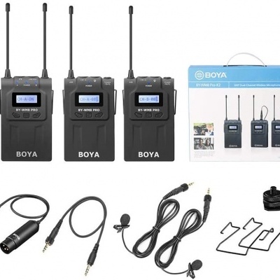 Conjunto de equipamento sem fios BOYA com transmissores, recetor, microfones e cabos