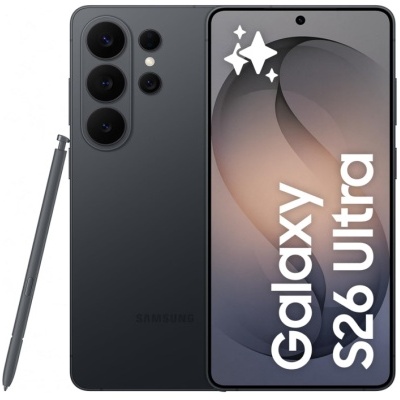 Smartphone Samsung Galaxy S26 Ultra preto com caneta e ecrã frontal com texto
