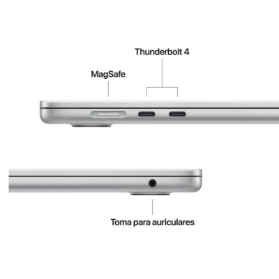 Portátil cinzento visto de lado com portas MagSafe, Thunderbolt 4 e tomada para auriculares