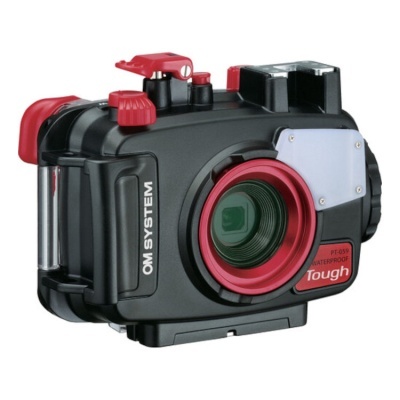 Câmara impermeável OM SYSTEM PT-059 Tough preta com detalhes em vermelho