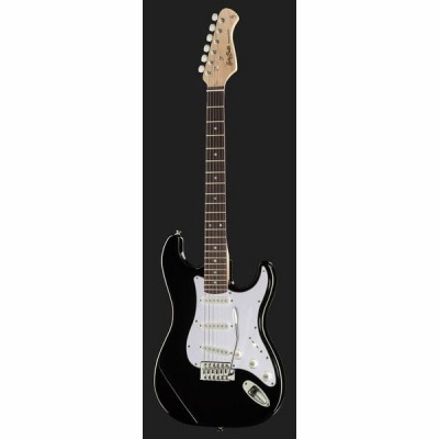 Guitarra elétrica preta com pickguard branco e braço de madeira