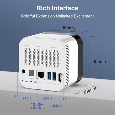 Dispositivo eletrônico compacto branco e preto com diversas portas e dimensões.