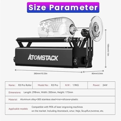 Rolo para impressão 3D Atomstack R3 Pro preto com copo de vidro transparente com estrelas e números romanos
