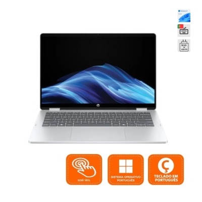 Computador portátil HP prateado com ecrã táctil e teclado em português