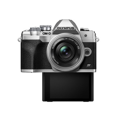 Máquina fotográfica Olympus OM-D prata e preta com lente ecrã rotativo