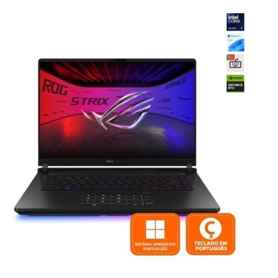 Portátil ASUS ROG Strix preto com teclado iluminado e logótipos ROG e systema em português