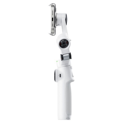 Gimbal portátil branco com smartphone prata em fundo branco
