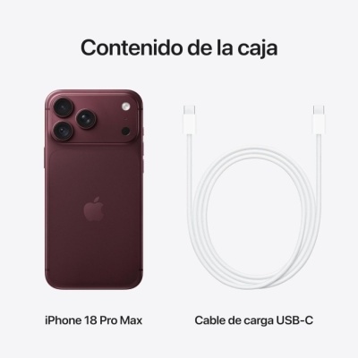 iPhone 18 Pro Max vinho com três câmaras e cabo USB-C branco