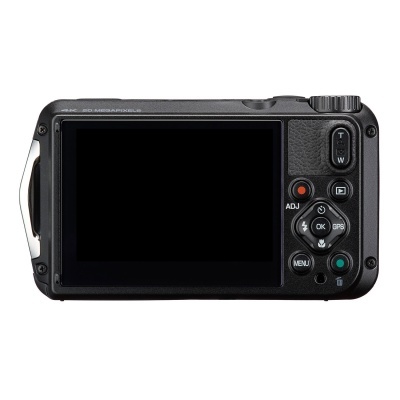 Câmara digital compacta preta vista de trás com vários botões e ecrã grande