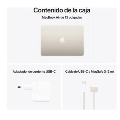 Conteúdo da caixa do MacBook Air com portátil, adaptador USB-C e cabo USB-C a MagSafe 3