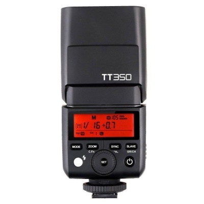 Flash fotográfico TT350 preto com ecrã vermelho e botões de controlo