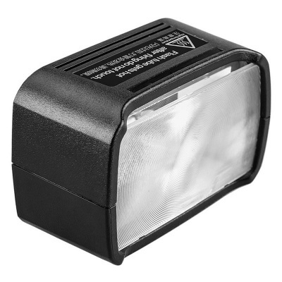 Flash de câmara fotográfica preto com lente translúcida e etiqueta com texto