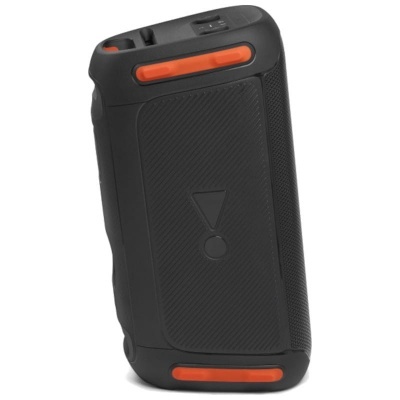 caixa de som portátil preta com detalhes laranja