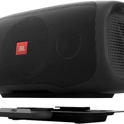 Coluna preta JBL com grelha de malha fina e base preta