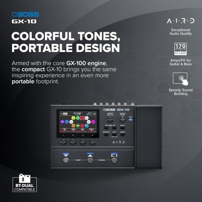 Pedaleira BOSS GX-10 preta com ecrã colorido e botões, fundo cinzento com texto promocional