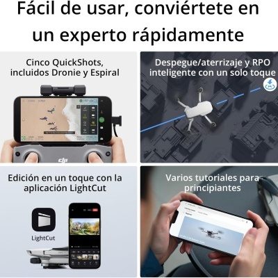 Demonstração de funções do drone DJI com controle remoto, aplicação LightCut e tutoriais em quatro painéis