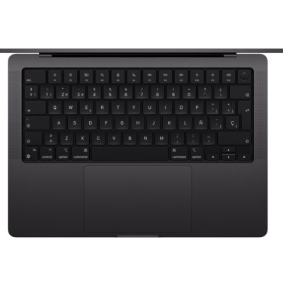 Computador portátil preto com teclado QWERTY português, touchpad grande e estrutura metálica fosca