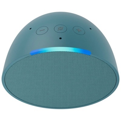 Coluna de som portátil azul com botões e luz azul