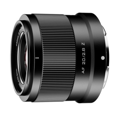 Lente de câmera fotográfica preta com texto AF 20/2.8 Z