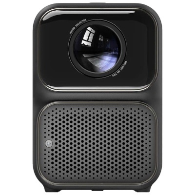 Projetor preto com lente redonda e grelha perfurada